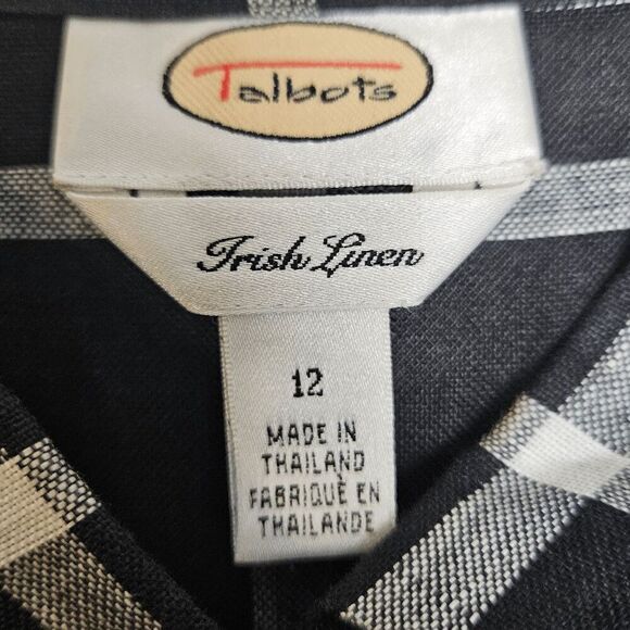 Talbots 100% Irish Linen Button Down Long Sleeve Plaid Top Women's Black/White S - Picture 4 of 4